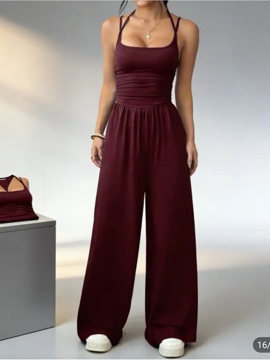 Pants - Wide-Leg Jumpsuit in Burgundy - Sleeveless Strappy Top